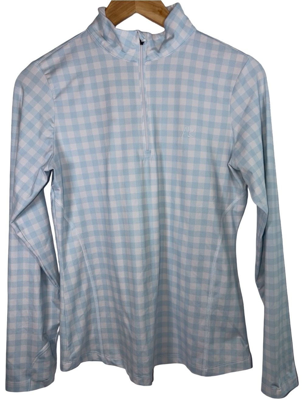 Rhoback womens Light Blue Gingham quarter zip performance pullover small